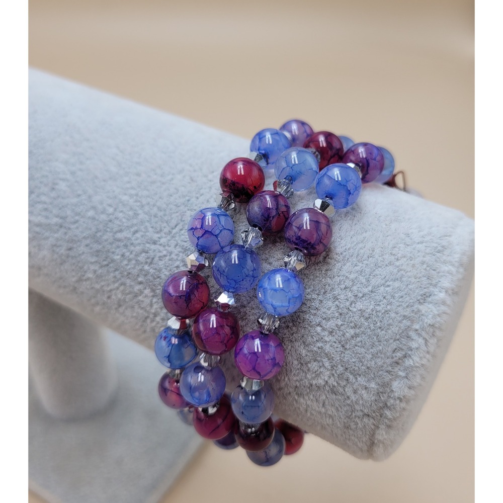Handmade Blue Purple Magenta Cracked Agate Memory Wire Wrap Stacked Bracelet 7.5